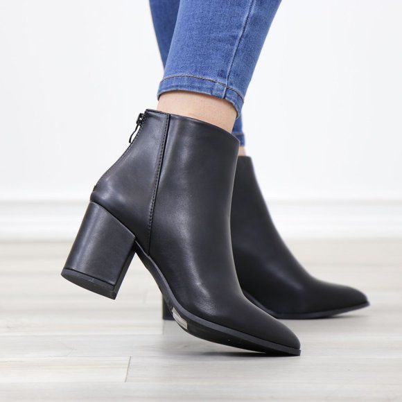 Block Low Heel Above Ankle Boots Pointed Toes Black Synthetic Leather - Picture 5 of 12